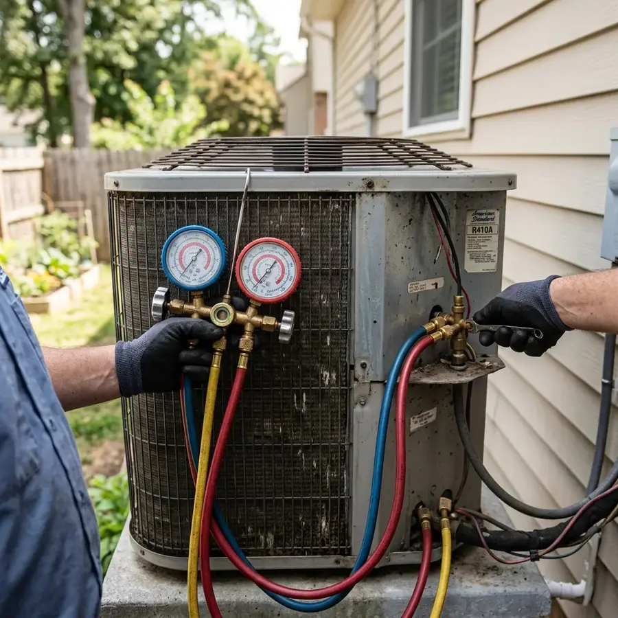 HVAC diagnostic gauges connected to an outdoor air conditioning unit during service