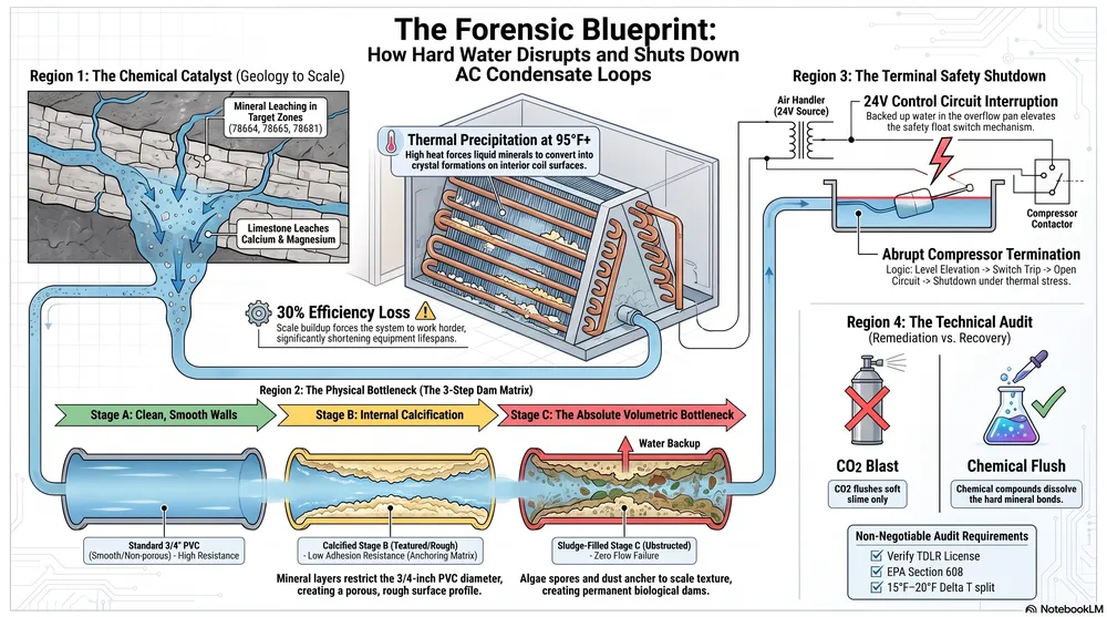 Technical schematic detailing evaporator coil condensation loops and calcium scale pipe restriction metrics
