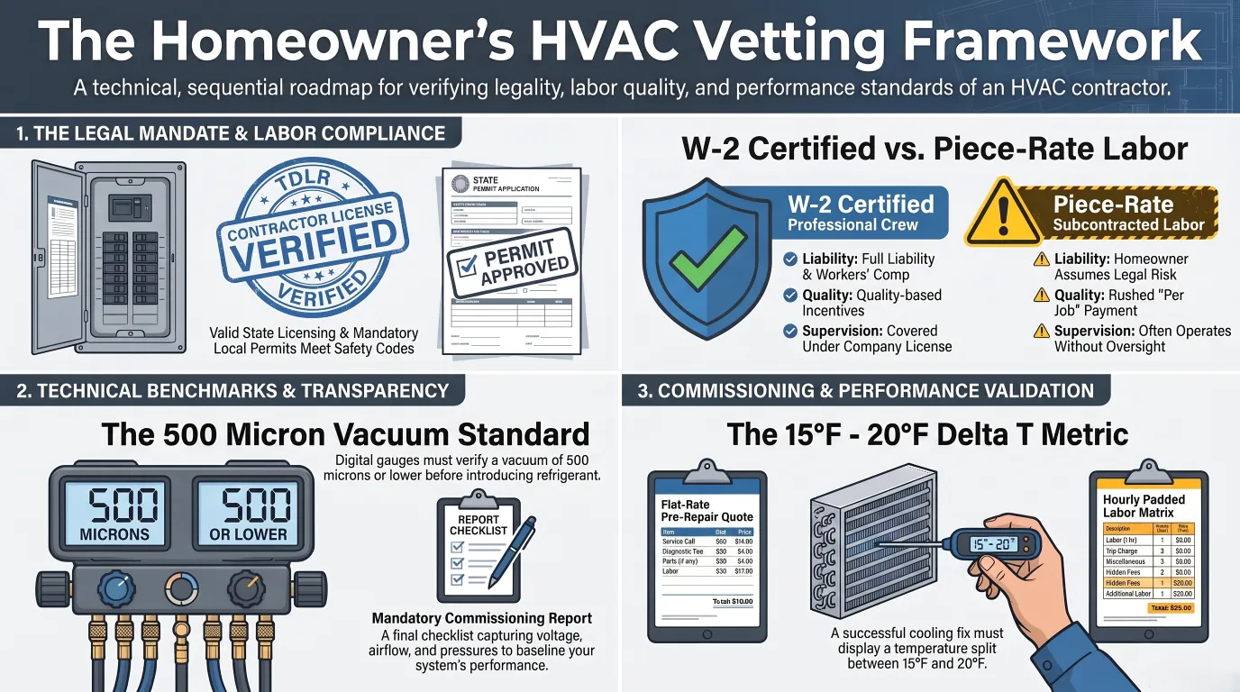 HVAC Vetting Infographic detailing critical technician checks, including nitrogen leak testing, deep vacuum evacuation parameters, and Delta T performance testing