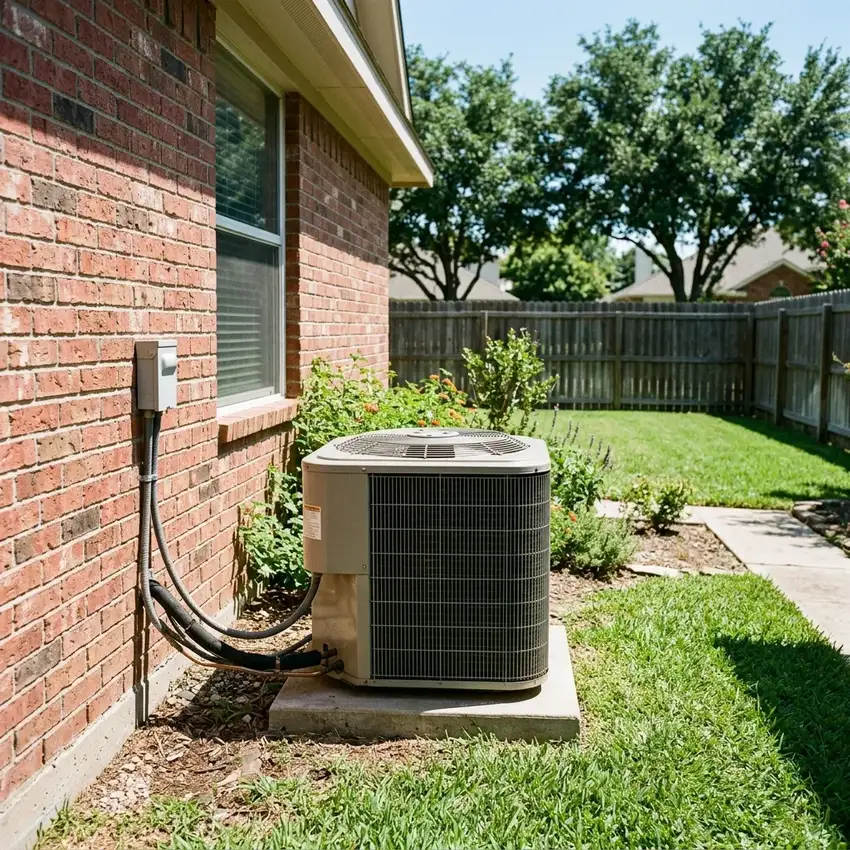 Outdoor residential air conditioning unit located next to a house in Round Rock, Texas